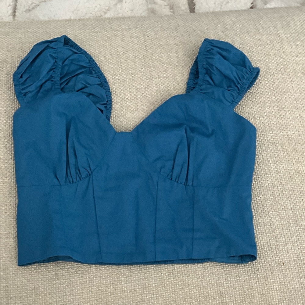 Abercrombie & Fitch Teal Crop Top with Ruched Sleeves